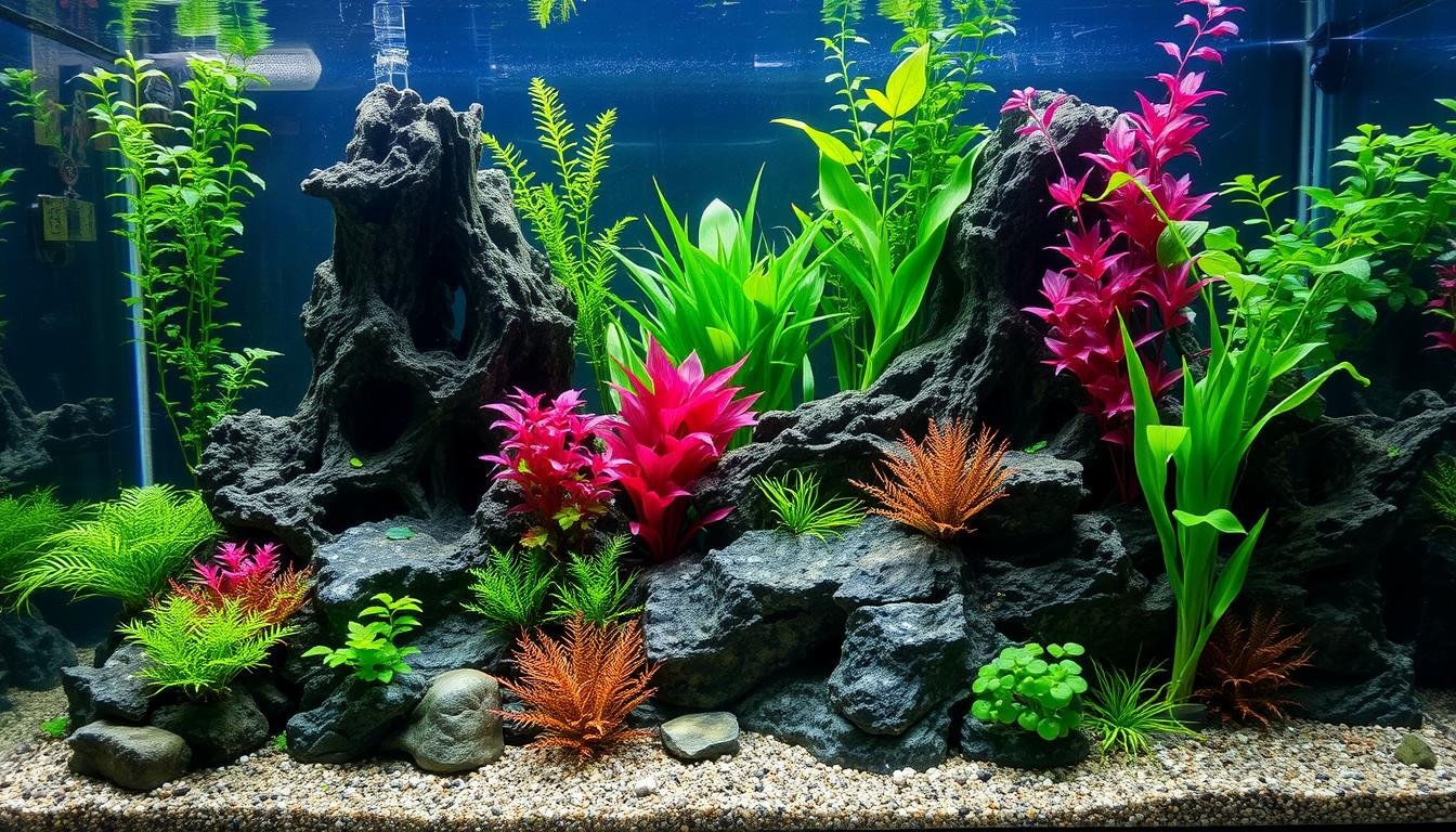 Aquascaping pour les débutants : Guide complet L'aquascaping est l'art de créer des paysages aquatiques dans un aquarium. Que vous soyez débutant ou passionné, ce guide vous guide. Commencez par choisir les bons éléments : plantes, substrat, éclairage. Choisissez des plantes faciles comme l'Anubias ou la Vallisneria. Utilisez un substrat adapté pour la croissance. Optez pour un éclairage LED pour les aquariums plantés. Contrôlez régulièrement l'eau et le CO2. L'aquascaping demande du temps et de l'entretien. Avec ces conseils, vous créerez un décor sous-marin magnifique. Principales Leçons à Retenir Choisissez des plantes faciles à entretenir pour débuter, comme l'Anubias ou la Vallisneria Utilisez un substrat adapté pour favoriser la croissance des plantes Optez pour un éclairage LED conçu spécifiquement pour les aquariums plantés Contrôlez régulièrement les paramètres de l'eau et la teneur en CO2 Soyez patient, l'aquascaping demande du temps et de l'entretien Qu'est-ce que l'aquascaping ? L'aquascaping est l'art de créer un aquarium beau et naturel. Il a commencé au Japon dans les années 1960. Les passionnés d'aquariums y ont vu un moyen de créer des paysages aquatiques. Aujourd'hui, l'aquascaping attire des gens du monde entier. Il offre de nombreux avantages. Définition et origines Le mot "aquascaping" vient de "aquarium" et "paysagisme". Il vise à créer un écosystème équilibré en aquarium. On met en avant la beauté des plantes et crée un espace de vie pour les poissons. Objectifs et avantages Recréer un écosystème naturel et équilibré Mettre en valeur la beauté des plantes aquatiques Offrir un environnement de vie sain et harmonieux pour les poissons Développer sa créativité et son sens de l'esthétique Bénéficier des bienfaits relaxants d'un aquarium bien conçu Pour réussir en aquascaping débutants, il faut connaître les bases. Cela inclut la qualité de l'eau, la gestion du CO2 et l'entretien. Avec patience et pratique, vous créerez un paysage aquatique magnifique. "L'aquascaping est un art qui allie la beauté des plantes aquatiques à l'équilibre d'un écosystème en miniature." Choisir l'aquarium adapté Choisir l'aquarium décoratif est crucial pour commencer un projet d'aquascaping. Il faut bien penser à la taille et à la forme pour votre espace. Il faut aussi penser aux besoins de vos plantes et poissons. Taille et forme La taille de l'aquarium dépend de plusieurs choses. Cela inclut l'espace disponible, le nombre de plantes et de poissons. Un aquarium de 60 litres minimum est conseillé pour une meilleure stabilité de l'eau. Les formes rectangulaires ou carrées sont les meilleures pour l'aquascaping. Elles offrent une meilleure profondeur et facilitent la création de votre décor. Matériaux recommandés Le verre et le polyméthacrylate de méthyle (PMMA), ou acrylique, sont les meilleurs matériaux. Ils assurent une qualité d'eau et de visualisation exceptionnelles. Ces matériaux sont essentiels pour admirer votre aquascaping. Le verre est plus robuste et idéal pour les grands aquariums. L'acrylique, plus léger, convient mieux aux petits. En suivant ces conseils, vous créerez un paysage aquatique magnifique. Il embellira votre intérieur et impressionnera vos invités. Pour trouver l'aquarium led parfait, demandez conseil à des experts. Ils vous aideront à choisir pour votre projet d'aquascaping simple. Substrat et décor Le substrat aquascaping et le décor aquascaping sont essentiels pour l'esthétique de votre bac à poisson. Ils assurent aussi le bon fonctionnement de l'aquarium. Il est important de bien choisir le substrat et le décor pour un paysage naturel. Commencez par un substrat à plusieurs couches : terreau, sable et gravier. Cela aide les plantes pour aquarium à bien se développer et filtre l'eau. Ensuite, ajoutez des roches et des troncs d'arbres pour embellir votre décor aquascaping. Élément Rôle Terreau Fournit des nutriments aux plantes Sable Permet une bonne oxygénation des racines Gravier Assure une filtration naturelle de l'eau Roches, troncs d'arbres Éléments décoratifs pour un rendu naturel Pour réussir en aquascaping, il faut garder l'eau propre et contrôler les paramètres. Commencez avec de petits aquariums pour apprendre. Soyez patient, car l'aquascaping demande du temps et de l'entretien. Avec ces étapes, vous créerez un paysage aquatique magnifique qui impressionnera vos invités. "L'aquascaping est un art qui demande de la créativité et de la patience, mais les résultats sont toujours à la hauteur des efforts fournis." Plantes pour aquarium Choisir les bonnes plantes est crucial pour un aquarium planté magnifique. Commencez avec des plantes aquatiques faciles comme l'Echinodorus, la Vallisneria ou le Cryptocoryne. Ces plantes s'adaptent bien à votre aquarium décoratif et embellissent votre espace. Plantes faciles à entretenir Echinodorus (Echinodorus spp.) Vallisneria (Vallisneria spp.) Cryptocoryne (Cryptocoryne spp.) Anubias (Anubias spp.) Java Moss (Taxiphyllum barbieri) Une fois les bases de l'aquascaping maîtrisées, ajoutez des plantes pour aquarium ornementales. Les Rotala ou Alternanthera apportent couleur et volume à votre aquarium. Variétés ornementales Rotala (Rotala spp.) Alternanthera (Alternanthera spp.) Ludwigia (Ludwigia spp.) Hygrophila (Hygrophila spp.) Pogostemon (Pogostemon spp.) Pour un aquascaping réussi, la qualité de l'eau est cruciale. Contrôlez les paramètres et gérez le CO2. Débutez avec de petits aquariums. Soyez patient, car l'aquascaping demande du temps et de l'entretien. Suivez ces étapes pour créer un paysage aquatique qui impressionnera vos invités. Éclairage adéquat L'éclairage est crucial pour un aquascaping réussi. Il influence la croissance et la santé des plantes aquatiques. Il faut choisir un éclairage adapté à l'aquarium et aux plantes. Types d'éclairage pour l'aquascaping Lampes LED : Économiques et offrent un large choix de couleurs. Tubes fluorescents : Traditionnels, bons pour la croissance des plantes. Éclairage mixte : Mélange de sources lumineuses pour un meilleur résultat. Intensité lumineuse recommandée L'intensité lumineuse est essentielle pour la photosynthèse des plantes. Une intensité de 40 à 80 watts par mètre carré est idéale pour la plupart des aquariums. Un éclairage inadéquat peut nuire à la santé des plantes. "Choisir le bon éclairage est primordial pour créer un aquascaping à la fois esthétique et fonctionnel." En suivant ces conseils, vous créerez un aquarium design simple parfait pour l'aquascaping. Aquascaping pour les débutants : Guide complet pour créer votre aquarium idéal Vous voulez un écosystème aquatique magnifique chez vous ? L'aquascaping est pour vous ! Ce guide vous aidera à créer votre aquarium idéal. Vous apprendrez à choisir l'équipement et à entretenir votre aquarium. Commencez par un petit aquarium Commencez avec un petit aquarium, moins de 100 litres. Cela vous aide à apprendre l'aquascaping sans trop de complexité. L'aquascaping demande du temps et de l'effort pour réussir. Maîtrisez les paramètres de l'eau Une bonne qualité d'eau est cruciale pour vos plantes. Contrôlez le pH, la dureté et la température régulièrement. Un système d'CO2 est aussi important pour la photosynthèse. Jouez avec la composition La beauté de votre aquarium vient de la disposition des plantes et décorations. Suivez la règle des tiers pour un équilibre. Explorez les styles populaires comme le nature aquarium et le paysage aquatique. En suivant ces conseils, vous créerez un paysage aquatique impressionnant. L'aquascaping pour débutants n'est plus un secret pour vous ! Gestion du CO2 Pour réussir un aquascaping, il faut bien gérer le CO2. Ce gaz est crucial pour la croissance des plantes aquatiques. Il aide à la photosynthèse et à la qualité de l'eau aquarium co2. Voyons pourquoi le CO2 est important et comment le contrôler dans votre co2 aquarium. Importance du CO2 Les plantes aquatiques ont besoin de CO2 pour vivre. Ce gaz est essentiel à la photosynthèse, un processus vital. Une bonne quantité de CO2 assure une croissance forte et belle des aquascaping plante entretien. Le CO2 aide aussi à maintenir un bon équilibre de l'eau. Cela inclut le pH, important pour la qualité eau aquascaping. Systèmes d'injection de CO2 Pour contrôler le CO2 dans votre aquarium, il existe des systèmes d'injection. Ces systèmes comprennent un diffuseur, un régulateur et une bouteille de CO2. Ils fournissent un CO2 constant pour une croissance optimale des plantes. Système d'injection de CO2 Avantages Inconvénients Système à pressurisation Contrôle précis du taux de CO2 Injection continue et régulière Compacité du système Coût d'investissement plus élevé Nécessite un entretien régulier Système à diffusion par gravité Coût d'investissement plus faible Facile à installer et à utiliser Contrôle moins précis du taux de CO2 Injection plus irrégulière Quel que soit le système choisi, bien gérer le CO2 est crucial. Cela assure la santé et la croissance des plantes dans votre aquarium co2. Cherchez bien pour un co2 aquarium magnifique. Paramètres de l'eau Pour réussir votre aquascaping, la qualité de l'eau est cruciale. Il est important de surveiller les paramètres eau aquarium comme le pH, la température, la dureté et les taux de nitrates, de nitrites et d'ammoniaque. Cela aide à garder un environnement sain pour vos plantes et poissons. Le pH doit être entre 6,5 et 7,5 pour les plantes aquatiques. La température doit être entre 20 et 25 °C, adaptée aux besoins des plantes et poissons. La dureté de l'eau doit être ajustée selon les besoins de vos plantes. Les taux de nitrates, nitrites et ammoniaque doivent être faibles pour la sécurité de vos poissons. En contrôlant et ajustant ces paramètres eau aquarium, vous garantissez une qualité eau aquascaping optimale. Cela est essentiel pour le succès de votre aquascaping. « Une eau aquarium qualité est la base d'un aquascaping sain et épanouissant. » En faisant attention et en ajustant régulièrement, vous créerez un aquarium magnifique. Vos plantes et poissons s'épanouiront dans des conditions de qualité eau aquascaping idéales. Entretien régulier Prendre soin de votre aquarium planté est crucial pour sa beauté et son équilibre. Avec quelques gestes simples, vous garderez un paysage aquatique sain. Vos plantes aquarium pourront ainsi prospérer. Nettoyage Commencez par faire des changements d'eau partiels une fois par semaine. Cela renouvelle l'eau et élimine les déchets. Nettoyez aussi les vitres et aspirez le substrat pour enlever les débris. Taille des plantes Surveillez la croissance de vos plantes aquarium et taillez-les pour les encourager. Élaguer les feuilles mortes ou abîmées empêche les algues indésirables. Assurez-vous que les plantes sont bien réparties pour garder l'esthétique de votre aquascaping. En suivant ces conseils d'entretien aquarium plantes, vous profiterez pleinement de votre aquarium planté sur le long terme. Disposition des plantes et des roches La façon dont vous arrangez les plantes et les roches est cruciale dans l'aquascaping. Vous voulez peut-être créer un paysage aquatique équilibré ou imiter un style connu. Il est essentiel de suivre certaines règles de composition. Règles de composition Commencez par diviser votre aquarium en neuf parties égales. Placez les éléments clés comme les roches et les plantes sur les points d'intersection. Cette méthode assure une disposition équilibrée et attrayante. Vous pouvez aussi utiliser les lignes de fuite pour guider le regard du spectateur dans votre aquarium aquascaping débutants. Styles d'aquascaping populaires Une fois les bases maîtrisées, explorez les styles d'aquascaping populaires. Le style "Nature" crée un aquascaping naturel avec des éléments qui semblent avoir poussé spontanément. Le style "Iwagumi" se concentre sur l'harmonie des roches. Le style "Forêt" représente une véritable plantation aquarium. Laissez votre imagination déborder pour créer un design aquarium unique. FAQ Qu'est-ce que l'aquascaping ? L'aquascaping est l'art de créer un aquarium beau et naturel. Il a commencé au Japon dans les années 1960. Aujourd'hui, il est apprécié partout dans le monde. Il permet de créer un écosystème équilibré. Il met en valeur la beauté des plantes aquatiques. Et il offre un espace de vie pour les poissons. Quels sont les critères à prendre en compte pour choisir un aquarium adapté ? Choisir un aquarium est crucial pour votre projet. Prenez en compte la taille et la forme selon l'espace disponible. Pensez aussi au nombre et à la taille des plantes et poissons. Le verre et le PMMA sont les meilleurs matériaux. Ils assurent une qualité d'eau et de visualisation excellente. Quel substrat et quel décor choisir pour mon aquascaping ? Le substrat et le décor sont essentiels. Choisissez un substrat avec différentes couches pour l'oxygénation des racines. Ajoutez des roches et des troncs pour un paysage naturel. Quelles sont les meilleures plantes à choisir pour mon aquascaping ? Les plantes sont clés pour votre aquascaping. Commencez avec des espèces faciles à entretenir comme l'Echinodorus et la Vallisneria. Ajoutez ensuite des plantes ornementales pour plus de couleur. Comment choisir le bon éclairage pour mon aquarium ? L'éclairage est crucial pour la croissance des plantes. Choisissez un système adapté à la taille de votre aquarium. Respectez l'intensité lumineuse pour une photosynthèse optimale. Pourquoi le CO2 est-il important pour mon aquascaping ? Le CO2 est essentiel pour la croissance des plantes. Une bonne concentration de CO2 assure une photosynthèse optimale. Installez un système d'injection de CO2 pour contrôler ce paramètre. Comment maintenir une bonne qualité d'eau dans mon aquarium ? La qualité de l'eau est cruciale pour la santé des plantes et poissons. Surveillez le pH, la température, la dureté et les taux de nitrates. Ajustez ces paramètres régulièrement pour maintenir une qualité d'eau optimale. Quels sont les gestes d'entretien régulier à effectuer pour mon aquarium ? Un entretien régulier est essentiel. Faites des changements d'eau partiels, nettoyez le substrat et les vitres. Taillez les plantes pour stimuler leur croissance. Ces gestes maintiennent un aquarium sain et beau. Comment disposer les plantes et les roches dans mon aquarium ? La disposition des plantes et roches est importante. Suivez des règles de composition pour un paysage équilibré. Vous pouvez aussi vous inspirer de styles d'aquascaping pour affiner votre création.