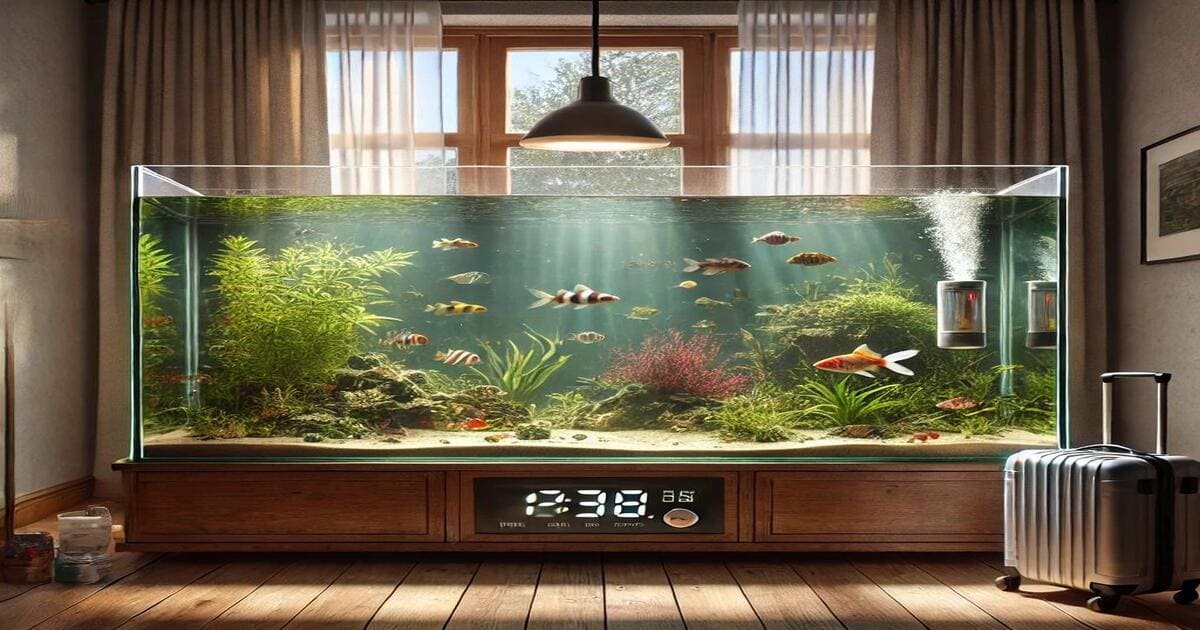 Aquarium en vacances, légèrement trouble avec des algues sur les parois, poissons cherchant de la nourriture, et un distributeur automatique en fonctionnement. Une valise ouverte suggère l'absence du propriétaire