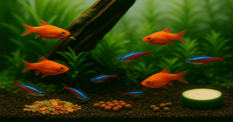 Poissons d'aquarium mangeant leur nourriture quotidienne
