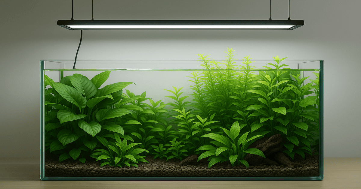Éclairage LED sur aquarium planté avec plantes aquatiques en pleine santé