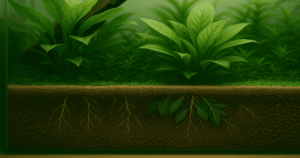 substrat aquarium en coupe montrant sol nutritif et plantes enracinées