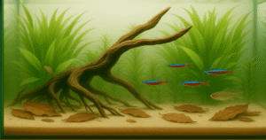 Aquarium d’eau douce recréant un biotope amazonien naturel,