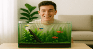 Aquarium débutant 38L avec poissons faciles et plantes naturelles