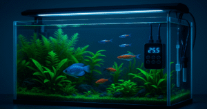 Aquarium high-tech avec éclairage LED, capteurs et plantes tropicales luxuriantes