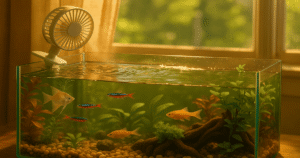 "Ventilateur d’aquarium en été soufflant sur la surface de l’eau pour rafraîchir les poissons