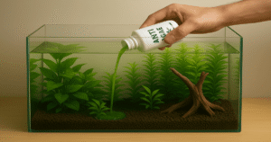 Traitement anti-algues versé dans un aquarium planté"