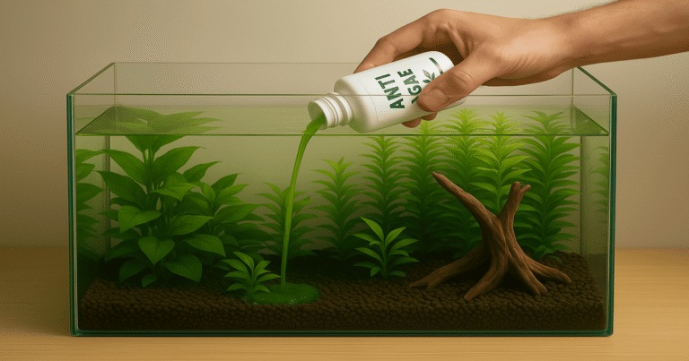 Traitement anti-algues versé dans un aquarium planté"