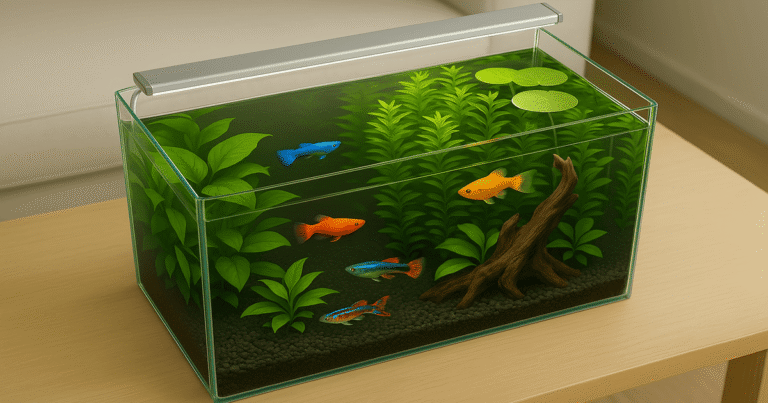 Aquarium d’eau douce pour débutants avec plantes, guppys et décor naturel