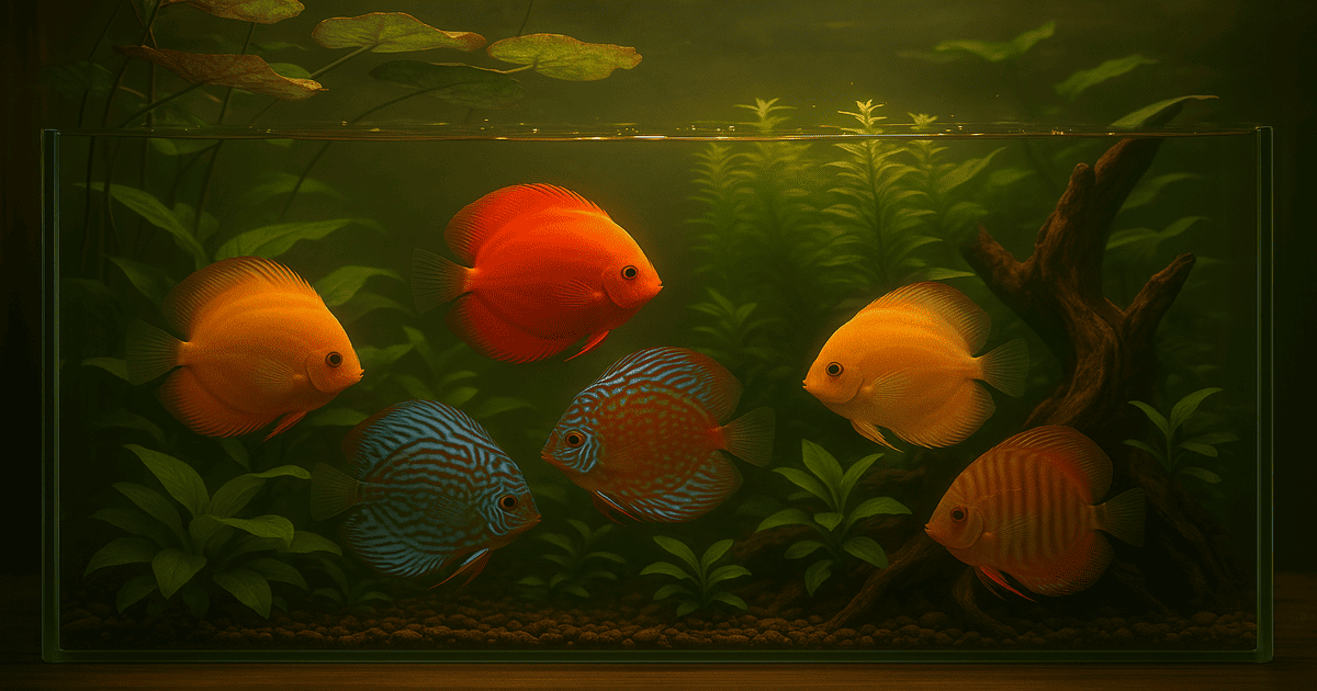 Bande de discus amazoniens nageant paisiblement dans un décor naturel de biotope sud-américain
