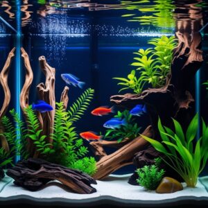 Nature Aquarium, aquascaping inspiré de la nature, bois flotté, plantes aquatiques vertes, poissons néons bleus et rouges, sol en pente, lumière chaude – rendu photo professionnel
