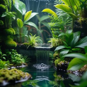 Aquascaping avant/après, image divisée en deux, à gauche aquarium vide, à droite paysage aquatique complet avec roches et plantes luxuriantes – style réaliste