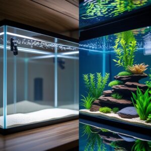 Aquascaping avant/après, image divisée en deux, à gauche aquarium vide, à droite paysage aquatique complet avec roches et plantes luxuriantes – style réaliste