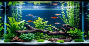 Aquascaping 2025 : aquarium planté style Nature Aquarium avec bois flotté et poissons colorés"