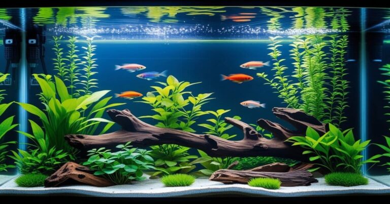 Aquascaping 2025 : aquarium planté style Nature Aquarium avec bois flotté et poissons colorés"