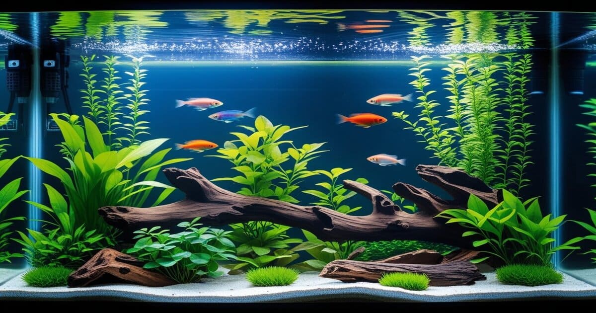 Aquascaping 2025 : aquarium planté style Nature Aquarium avec bois flotté et poissons colorés"