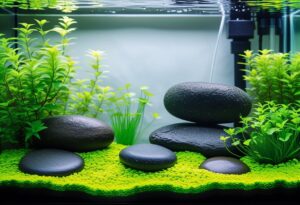 Aquascaping Iwagumi, aquarium planté, trois pierres principales, plantes gazonnantes vert vif, eau cristalline, style japonais zen, lumière douce et naturelle – ultra réaliste, 8K