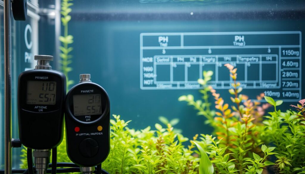 A close-up, detailed view of a freshwater aquarium system displaying the key physical and chemical parameters essential for plant growth. In the foreground, a series of precision measuring instruments, such as digital pH meters and thermometers, provide real-time data on water temperature, pH, and other vital readings. The middle ground showcases a thriving underwater plant ecosystem, with lush, vibrant foliage swaying gently in the current. In the background, a technical schematic or diagram outlines the optimal ranges for these parameters, creating a sense of scientific authority and expertise. The lighting is soft and diffused, enhancing the clarity of the measurements and the natural beauty of the aquatic plants. An atmosphere of precise control and environmental harmony pervades the scene.