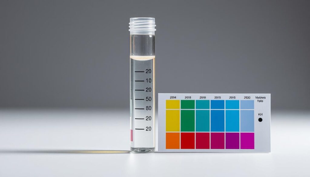 A close-up of a dureté carbonatée KH test kit, featuring a glass vial filled with a water sample and a color chart for determining the carbonate hardness level. The vial is positioned against a neutral gray background, illuminated by soft, diffused lighting to highlight the transparency of the liquid and the vivid colors of the test strips. The overall composition emphasizes the scientific and technical nature of the subject, conveying the importance of accurately measuring water parameters for successful freshwater aquarium maintenance.