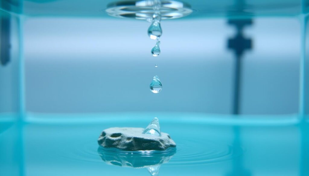 A close-up view of a glass aquarium with a decorative rock or driftwood feature in the center. The water is crystal clear, with a few drops of water suspended in the air, creating a "drop by drop" effect. The lighting is soft and diffused, creating a serene and calming atmosphere. The camera angle is slightly elevated, allowing the viewer to see the water's surface and the detail of the aquatic decor. The focus is on the gradual addition of water, representing the "méthode goutte à goutte" or "drip-by-drip" method of acclimating shrimp to the aquarium.