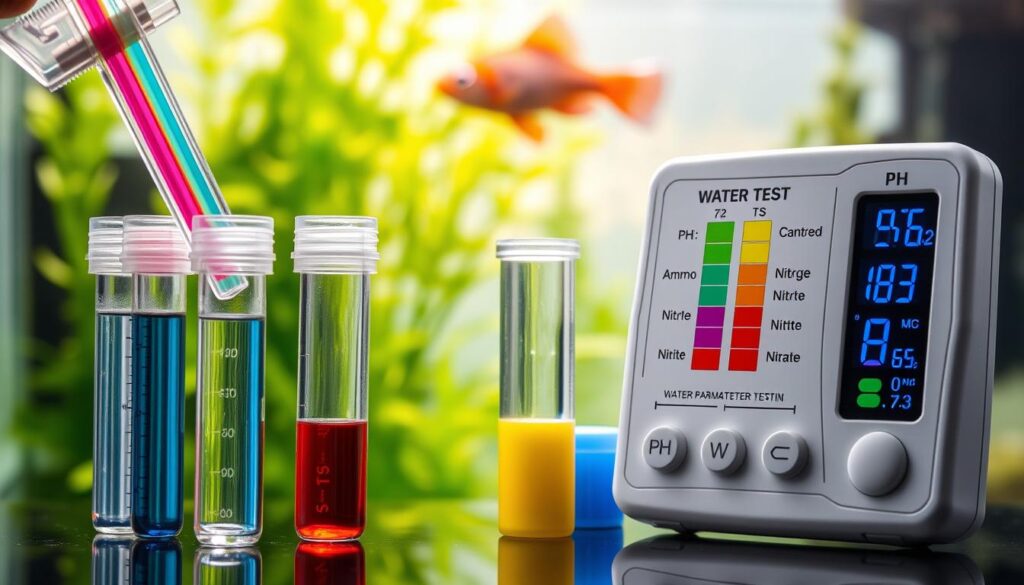 A close-up view of an aquarium water testing kit, with various test tubes, reagents, and a digital water parameter meter. The foreground shows the colorful testing strips being dipped into a sample of aquarium water, while the middle ground displays the digital display of the water parameter meter, revealing precise measurements of pH, temperature, ammonia, nitrite, and nitrate levels. The background depicts a blurred aquarium backdrop, with lush underwater plants and the silhouette of a fish swimming gracefully. The lighting is natural and diffused, creating a serene and informative atmosphere for the water quality control process.
