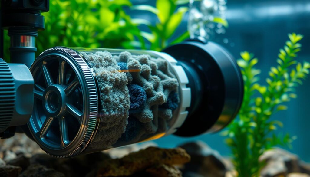 A detailed close-up view of the internal filtration system of a freshwater aquarium. The foreground shows the intricate mechanical components of the filter, including the impeller, intake, and outflow tubes. The middle ground depicts the biological media, such as sponges and ceramic rings, that facilitate the nitrogen cycle. The background showcases the aquarium's natural elements, like lush aquatic plants and a natural stone substrate, creating a harmonious underwater environment. The lighting is soft and diffused, casting subtle shadows and highlights to emphasize the filter's intricate design. The overall tone is one of technical sophistication and environmental balance, reflecting the innovative biofiltration solution for a healthy freshwater aquarium.