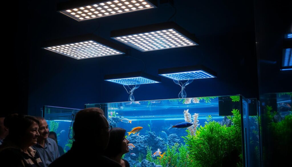 A dimly lit aquarium scene, its inhabitants illuminated by the soft glow of LED lights. In the foreground, a group of contented clients admiring the lush aquatic plants, their satisfied expressions reflected in the calm water surface. The middle ground showcases the sleek, modern LED light fixtures mounted above, casting a warm, natural spectrum over the vibrant underwater ecosystem. In the background, a blend of shadowy corners and subtle highlights creates an atmosphere of tranquility and relaxation, inviting the viewer to immerse themselves in the captivating world of advanced aquarium lighting.