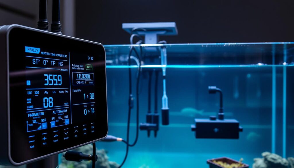 A highly detailed, technologically advanced freshwater aquarium with precise monitoring and control systems. The foreground showcases a sleek, minimalist digital display panel with real-time data readouts on water parameters, filtration, and automated dosing. The middle ground features an array of cutting-edge sensors and probes submerged in the crystal-clear water, connected to a central control unit. In the background, a modern, seamless aquarium design with discreet LED lighting, providing a serene, almost ethereal ambiance. The overall scene conveys a sense of scientific precision, technological sophistication, and environmental harmony within the aquarium ecosystem.