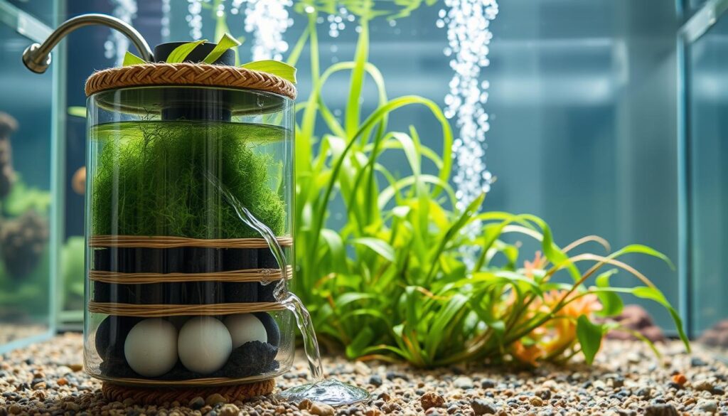 A modular, ecologically-focused aquarium filtration system made of natural materials. In the foreground, a multi-layered cartouche-style filter housing crafted from woven plant fibers and encased in a transparent glass or acrylic shell. Flowing water cascades through the different filtration media - sphagnum moss, activated charcoal, and ceramic rings. The middle ground depicts lush aquatic plants, their roots extending into the water, gently swaying. The background showcases a serene underwater scene, with sunlight filtering through the water and illuminating the entire setup. The overall atmosphere conveys a sense of natural balance and environmental sustainability.