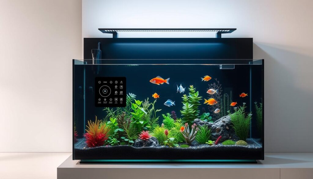 A sleek, modern aquarium setup for the year 2025, featuring cutting-edge filtration, lighting, and automation technologies. In the foreground, a minimalist glass tank showcases vibrant aquatic plants and a diverse array of freshwater fish swimming gracefully. The middle ground reveals a state-of-the-art control panel with intuitive touch interfaces, regulating water parameters, feeding schedules, and integrated smart home connectivity. In the background, a futuristic aquarium stand with clean lines and a subtle, ambient glow provides a seamless, visually appealing integration into any contemporary living space. Soft, diffused lighting illuminates the scene, creating a calming, immersive atmosphere. The overall design exudes a sense of innovation, efficiency, and seamless integration with modern home décor.