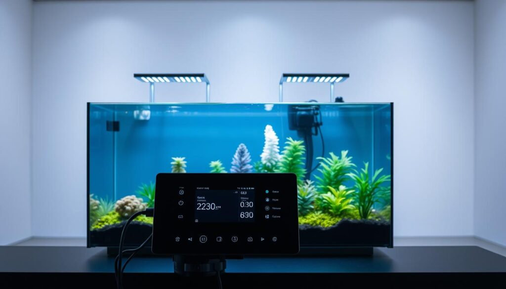 A sleek, modern aquarium with an advanced control system prominently displayed in the foreground. The aquarium is illuminated by a carefully calibrated lighting system, creating a serene, underwater atmosphere. In the middle ground, various sensors and monitoring devices are integrated seamlessly into the aquarium's design, allowing for precise control over water parameters and plant growth. The background features a minimalist, futuristic setting, highlighting the integration of cutting-edge technology. The overall composition conveys a sense of precision, efficiency, and the harmonious coexistence of nature and technology.