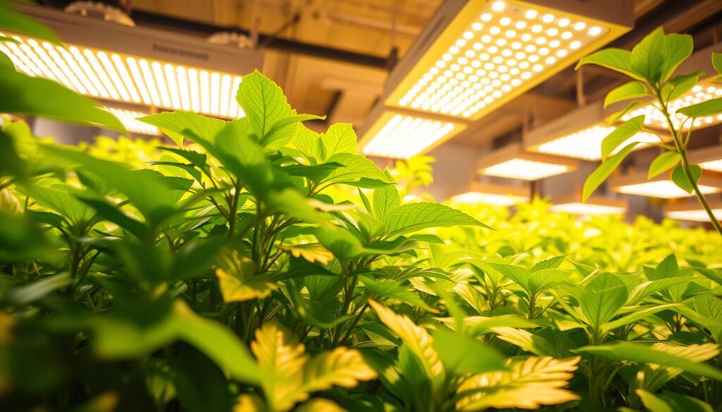 A vibrant hydroponic setup with lush green foliage thriving under a carefully calibrated array of LED grow lights. The plants are bathed in a warm, spectrum-optimized glow, their leaves reaching towards the light source. The scene is captured from an eye-level perspective, highlighting the intricate interplay between the LED luminaires and the verdant plant life. The lighting is evenly distributed, creating a balanced and natural-looking illumination that accentuates the intricate textures and hues of the vegetation. An atmosphere of healthy, sustainable growth permeates the image, showcasing the potential of LED technology to enhance photosynthesis and cultivation.
