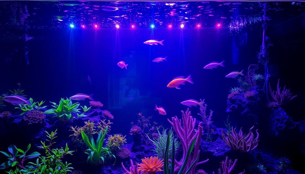 A visually striking aquarium scene, illuminated by a spectral luminous display. The foreground features a lush underwater landscape with vibrant plants and intricate textures. Diffused, multicolored lighting emanates from behind the aquarium glass, casting a mesmerizing glow across the water's surface. The middle ground showcases a diverse array of aquatic life, their movements gracefully swaying in the luminous spectrum. The background bathes the scene in a dreamlike, ethereal ambiance, with subtle hints of depth and mystery. The lighting is precisely calibrated to accentuate the natural beauty of the aquatic ecosystem, creating an immersive and captivating visual experience.