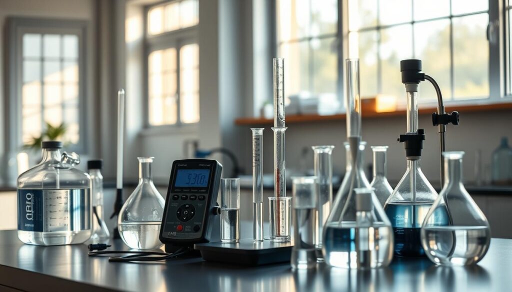 A well-equipped laboratory workbench with various scientific instruments and glassware, showcasing the essential water parameters for freshwater aquarium biofilters. The scene is bathed in a warm, natural light filtering through large windows, creating a serene and professional atmosphere. Prominently displayed are a pH meter, a thermometer, a dissolved oxygen probe, and a water test kit, all neatly arranged alongside graduated cylinders, beakers, and Erlenmeyer flasks. The background is a clean, minimalist space, allowing the scientific equipment to take center stage and emphasize the importance of these key water chemistry measurements in maintaining a healthy aquarium ecosystem.