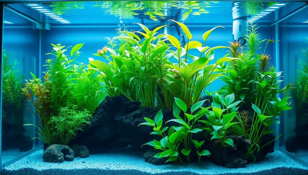 A well-lit aquarium showcasing thriving aquatic plants, illuminated by a modern LED lighting system. The tank is filled with crystal-clear water, creating a serene and calming atmosphere. The LED lights cast a soft, natural glow that enhances the vibrant colors of the lush greenery. The layout features a balanced arrangement of different plant species, strategically placed to create visual depth and a harmonious underwater ecosystem. The overall scene conveys a sense of lush, healthy growth and optimal conditions for the aquatic inhabitants. A close-up perspective captures the intricate details of the plants, their delicate leaves and stems gently swaying in the water's current.