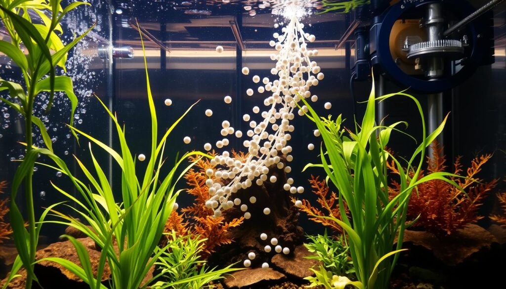 A well-lit aquarium with an intricate underwater ecosystem, showcasing the crucial process of cycling. The foreground features aquatic plants swaying gently, their vibrant greens contrasting with the clear, oxygenated water. In the middle ground, a diverse array of live beneficial bacteria colonies are visible, each playing a vital role in establishing a balanced, thriving environment. The background depicts the aquarium's filtration system, expertly designed to maintain ideal water parameters and promote the growth of these essential microorganisms. Warm, natural lighting illuminates the scene, creating a serene and inviting atmosphere that embodies the importance of this foundational step in aquarium management.