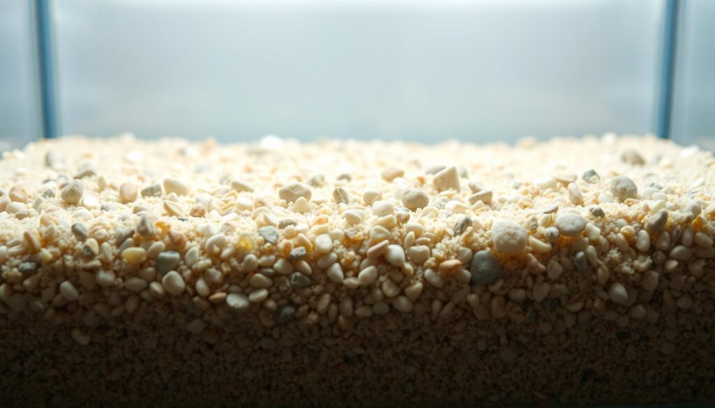 A well-lit, close-up photograph of a meticulously arranged natural aquarium substrate, showcasing a variety of small, smooth pebbles and sand in shades of light beige, tan, and gray. The substrate appears clean, free of debris, and carefully layered to create a visually appealing, textured surface. The lighting is soft and diffused, highlighting the subtle variations in color and texture of the substrate, creating a calming, serene atmosphere. The overall composition emphasizes the importance of the aquarium substrate as a crucial element in maintaining the health and well-being of freshwater shrimp.