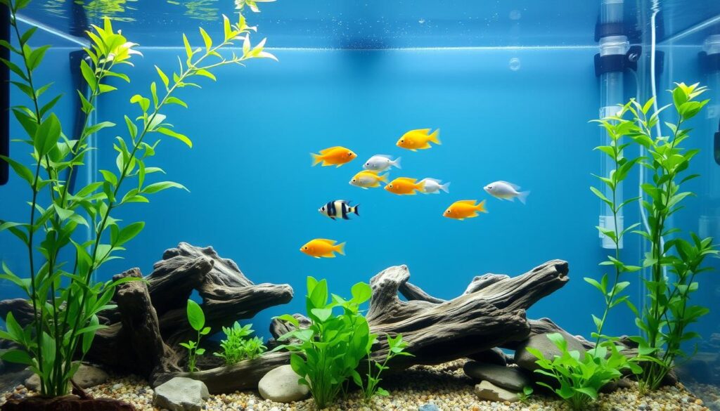 A well-lit, high-angle view of a pristine freshwater aquarium, the water crystal clear and calm. In the foreground, a variety of healthy aquatic plants sway gently, their lush green foliage complementing the natural rocks and driftwood décor. Mid-frame, a diverse community of brightly colored tropical fish swims gracefully, their movements reflecting the soft lighting. The background showcases a clean, minimalist aquarium setup, with a sleek and modern filter system visible. The overall scene conveys a sense of tranquility and balance, demonstrating the results of effective and diligent freshwater aquarium maintenance.
