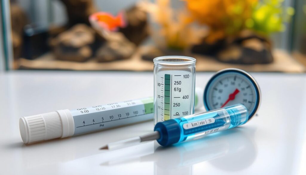 A well-lit, high-resolution close-up image of an aquarium water parameter testing kit, including a water testing strip, a pH meter, and a water thermometer. The kit is placed on a clean, minimalist white surface with a blurred aquarium in the background, conveying a sense of simplicity and scientific precision. The lighting is soft and natural, highlighting the details of the testing equipment. The overall mood is one of clarity, focus, and technical understanding, suitable for illustrating a section on essential water parameters for a freshwater aquarium.