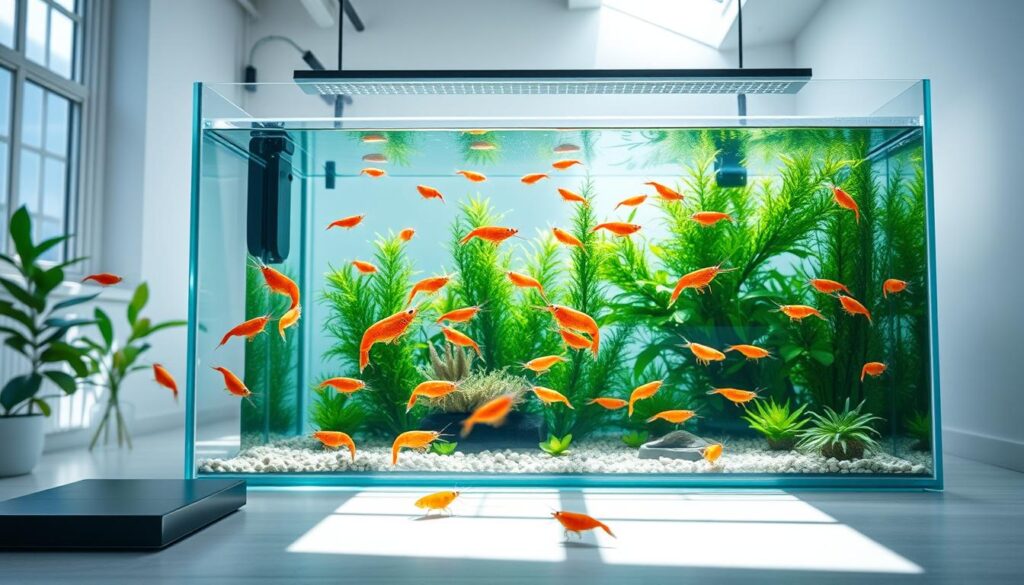 A well-lit, high-resolution image of a spacious aquarium with a sleek, modern design, filled with crystal-clear water and showcasing a vibrant array of healthy, active shrimp swimming gracefully among lush aquatic plants. The aquarium is positioned in a bright, airy room with natural light streaming in, highlighting the aquarium's clean lines and seamless glass panels. The shrimp are in the foreground, their delicate forms and vibrant colors taking center stage, while the aquarium's design and equipment, such as a discreet filtration system and subtle LED lighting, are visible in the background, creating a harmonious and visually appealing composition.