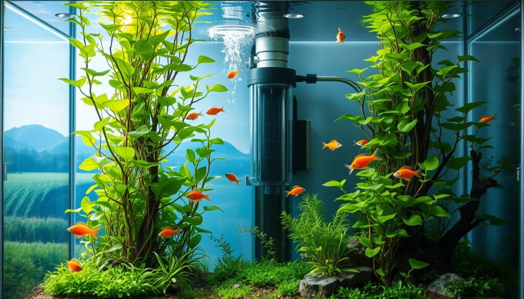 An aquarium showcasing the dynamic biological cycle, with a clear glass tank revealing the intricate interplay of water, plants, and aquatic life. The foreground features a lush underwater garden, its verdant leaves swaying gently as schools of vibrant fish dart between the branches. The middle ground captures the filtration system, a sleek mechanical marvel seamlessly integrated into the scene, its hidden components working tirelessly to maintain the delicate balance. In the background, a softly lit landscape frames the aquarium, creating a serene and contemplative atmosphere, inviting the viewer to appreciate the delicate equilibrium that sustains a thriving freshwater ecosystem.