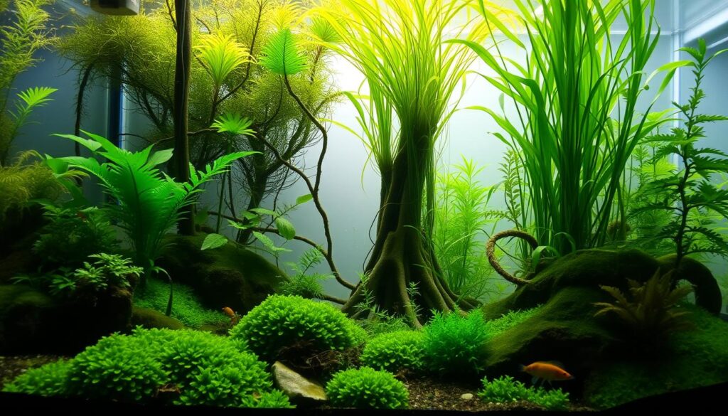 Lush underwater aquarium scene showcasing diverse planted habitat for shrimp. Foreground features a dense carpet of vibrant green mosses, ferns, and aquatic plants providing ample hiding spots and shelter. Middle ground boasts tall swaying stems of lush greenery, with intricate root structures and textural details. Background subtly fades into a serene, softly lit backdrop, emphasizing the tranquil, serene atmosphere. Lighting is soft and diffused, creating a natural, realistic ambiance. Camera angle is slightly elevated to provide a panoramic view of the aquarium's inviting, nurturing environment.