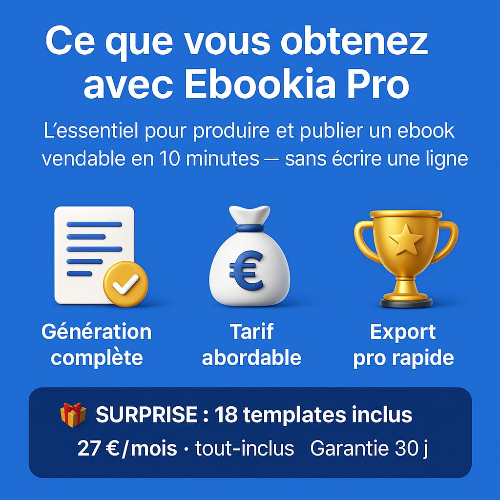 Ebookia Pro — Contenu IA prêt à vendre, style professionnel