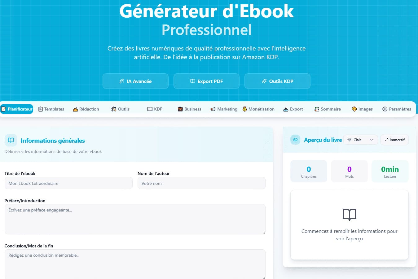 Capture 1 — interface du générateur d'ebook (plan automatique)