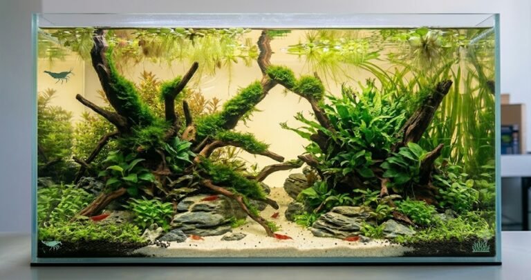aquarium low-tech sans filtre visible, plantes flottantes en surface filtrant la lumière, mousses Java sur racines, crevettes red cherry visibles, eau légèrement ambrée naturelle