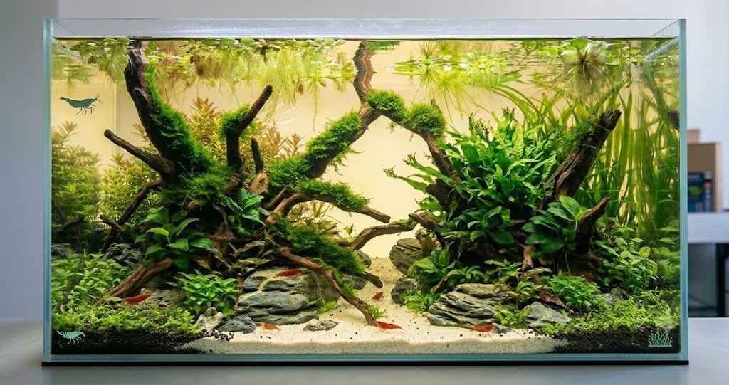 aquarium low-tech sans filtre visible, plantes flottantes en surface filtrant la lumière, mousses Java sur racines, crevettes red cherry visibles, eau légèrement ambrée naturelle