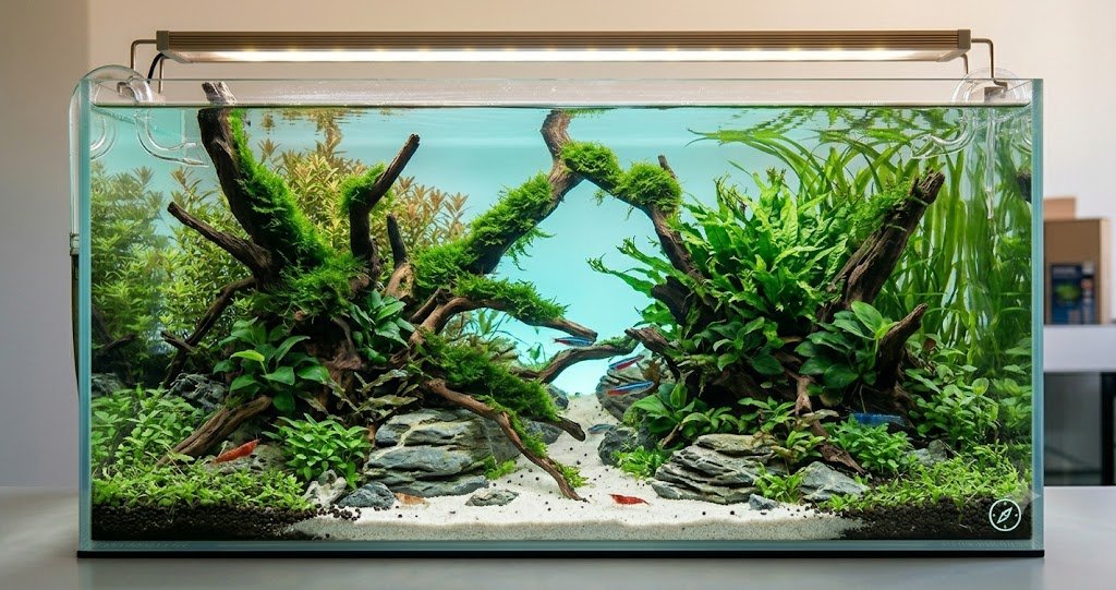 aquascape style Nature Aquarium avec pierres Seiryu, racines de bois flotté, mousses vertes denses, plantes d'avant-plan rampantes, eau parfaitement claire, éclairage LED bleu-vert dramatique. Style Takashi Amano, rendu