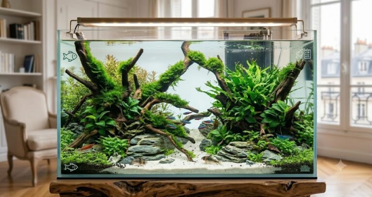 aquarium 60 litres débutant bien installé sur meuble en bois dans un salon moderne, plantes vertes simples, quelques néons colorés, filtre interne visible, éclairage LED doux, ambiance chaleureuse et accueillante