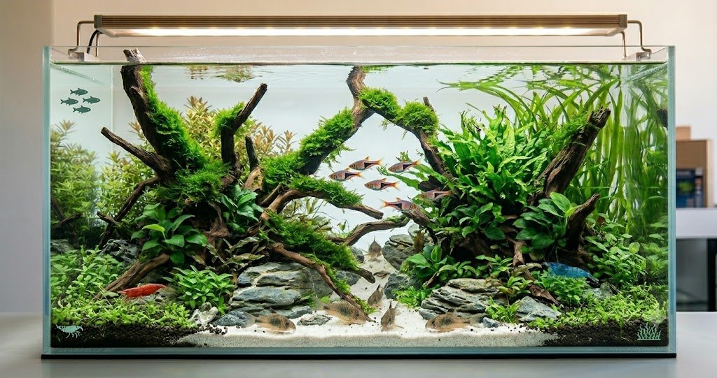 aquarium 120 litres communautaire bien planté, banc de rasboras arlequin colorés en mi-eau, corydoras au fond sur substrat sombre, plantes vertes luxuriantes, eau cristalline, éclairage chaud. Style photo naturaliste aquariophilie
