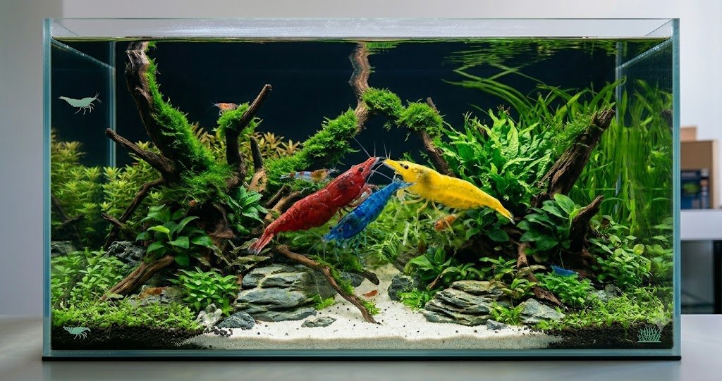 plusieurs crevettes Neocaridina de couleurs variées (rouge cherry, bleu velvet, jaune) sur mousse Java verte, eau cristalline, fond sombre, détails nets des carapaces colorées.
