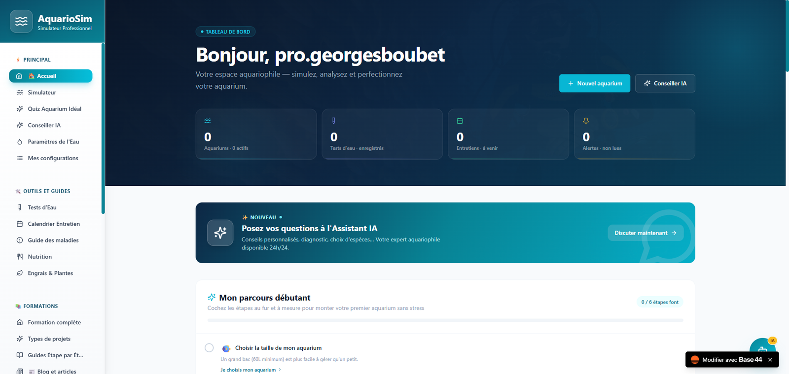 Tableau de bord du logiciel AquarioSim pour préparer et analyser un projet d’aquarium d’eau douce